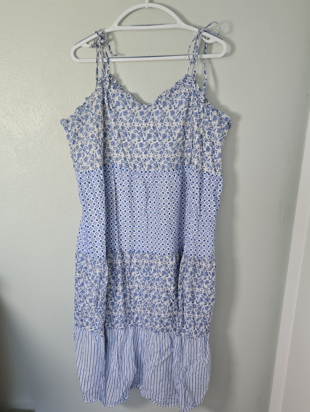 J. Crew | Tie Shoulder Blue Patchwork Cotton Dress Size XXL